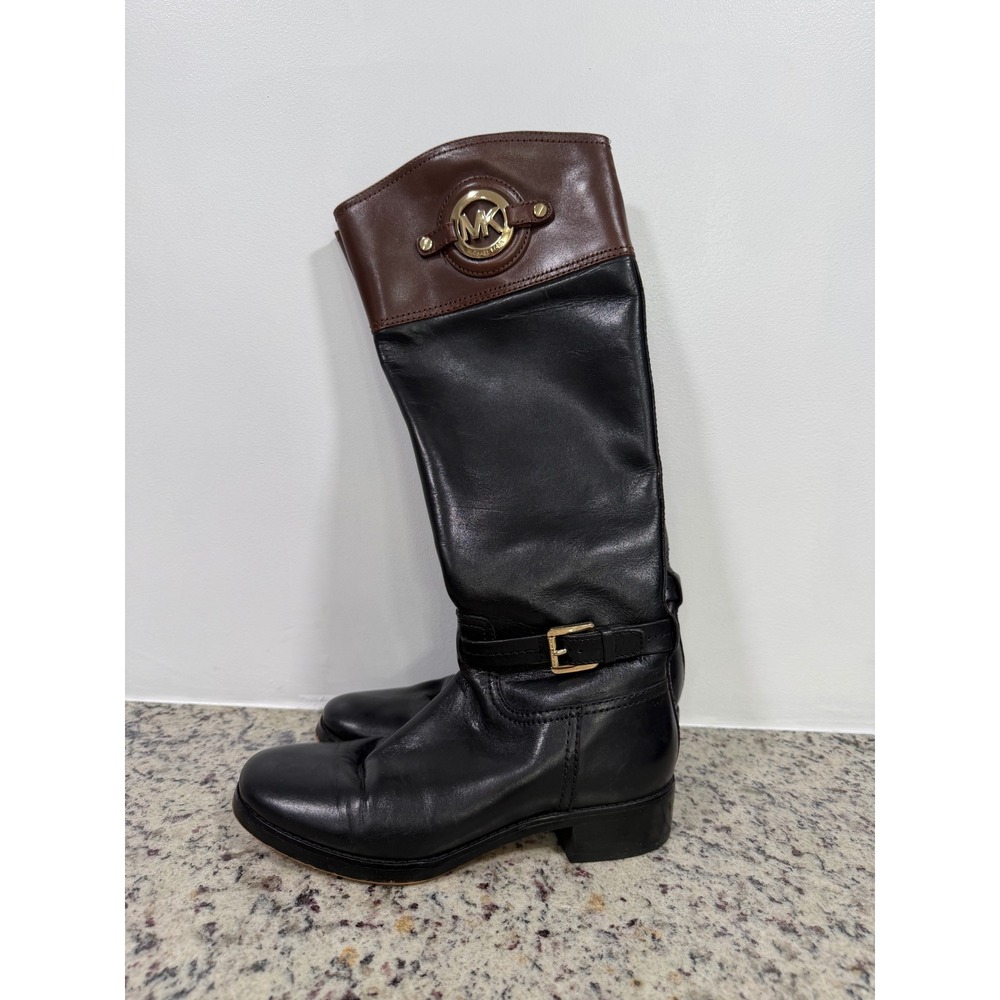 Michael Kors Black Brown Leather Riding Boots Gold‎ MK Logo Tall Knee High Boots